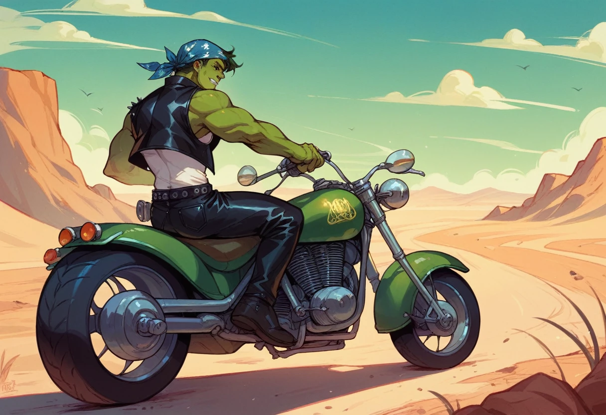 Incredible Hulk, dressed up like a leather clad biker, Leather Jacket, Bandana, white tank top, leather pants, riding a huge green chrome motorcycle, Desert at night