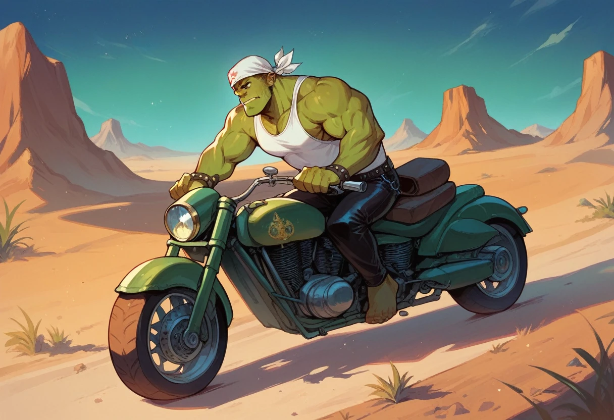 Incredible Hulk, dressed up like a leather clad biker, Leather Jacket, Bandana, white tank top, leather pants, riding a huge green chrome motorcycle, Desert at night