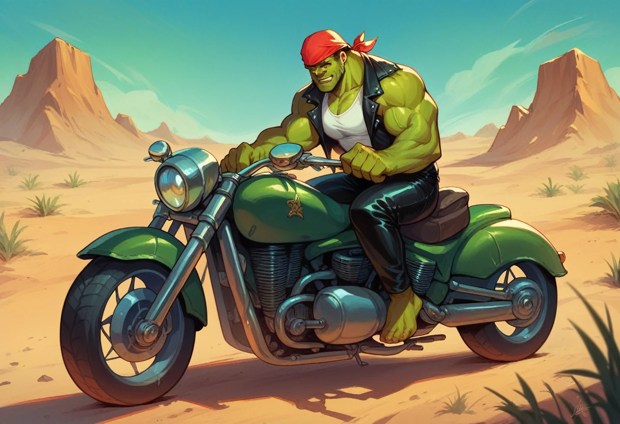 Incredible Hulk, dressed up like a leather clad biker, Leather Jacket, Bandana, white tank top, leather pants, riding a huge green chrome motorcycle, Desert at night