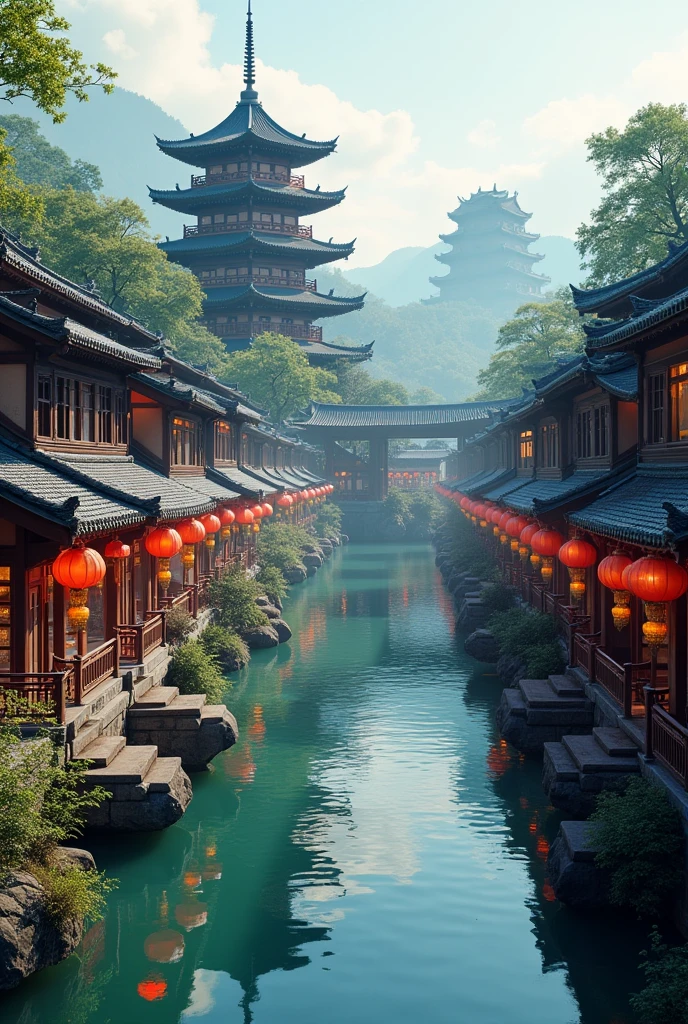 busy asian shops japanese chinese style with a winding river canal like venice curved in s shape, in the middle focal point big rounded pagoda in an island surrounded by the river epic scale, background is castles epic scale