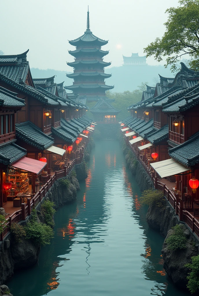 busy asian shops japanese chinese style with a winding river canal like venice curved in s shape, in the middle focal point big rounded pagoda in an island surrounded by the river epic scale, background is castles epic scale