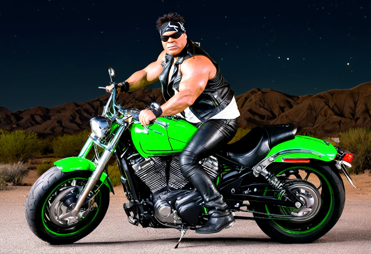 Incredible Hulk, dressed up like a leather clad biker, Leather Jacket, Bandana, white tank top, leather pants, riding a huge green chrome motorcycle, Desert at night
