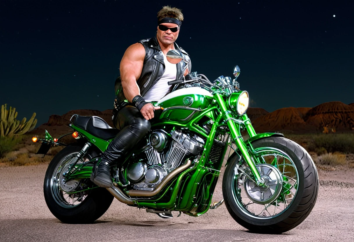 Incredible Hulk, dressed up like a leather clad biker, Leather Jacket, Bandana, white tank top, leather pants, riding a huge green chrome motorcycle, Desert at night