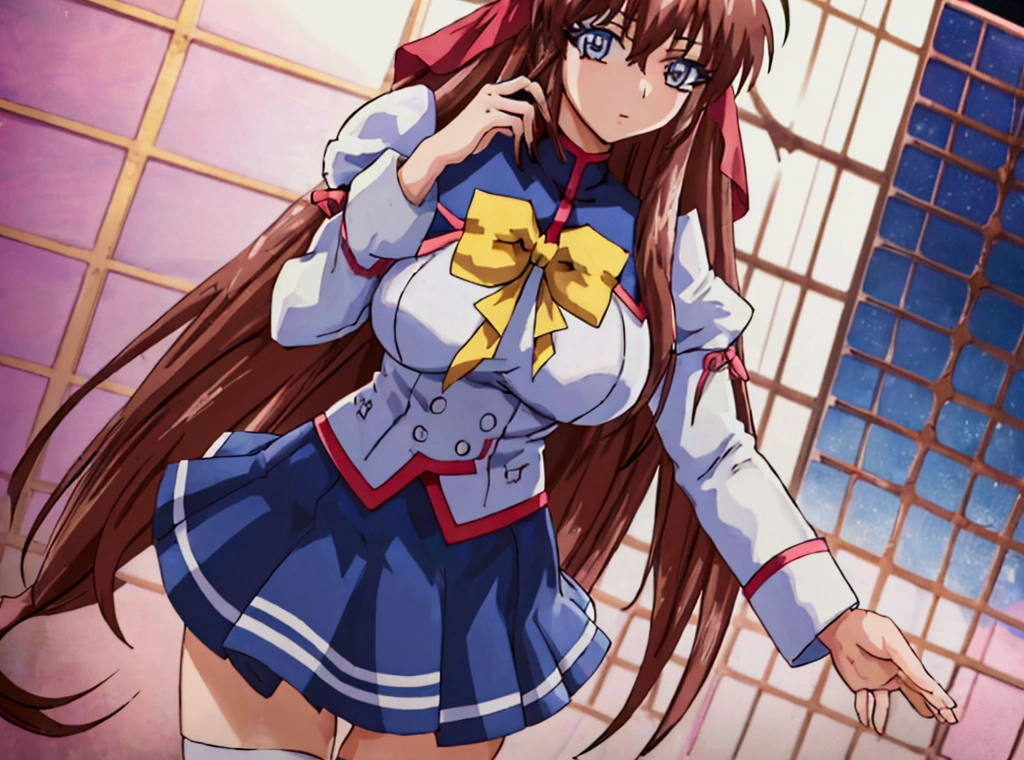 (Anime artwork, Anime Style, Studio Anime, Very detailed, up to date, Vibrant, Anime Coloring Book, High Contrast, masterpiece:1.2, Highest quality, Best aesthetics), (Beautiful and detailed eyes:1.2),Aoikan, 1 girl, Straight Long Hair, Large midchest, Hair Ribbon, (school uniform, Long sleeve, bow tie, Blue Skirt, White knee socks),  Asymmetrical bangs, Perfect Proportions, Skin with attention to detail, cute, Detailed face, (Cowboy Shot, Dynamic Angle:1.2), (Accurate fingertips, Browse 4, Thumb 1),
