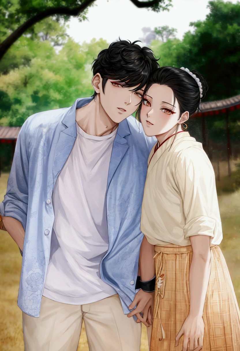 manga style, there are two people standing next to each other in a park, lovely couple, yanjun chengt, promo still, ruan jia and fenghua zhong, jia, jinyoung shin, high quality film still, promotional still, promotional movie still, ruan jia and brom, sha xi, cai xukun, inspired by Zhang Han, couple pose, yan