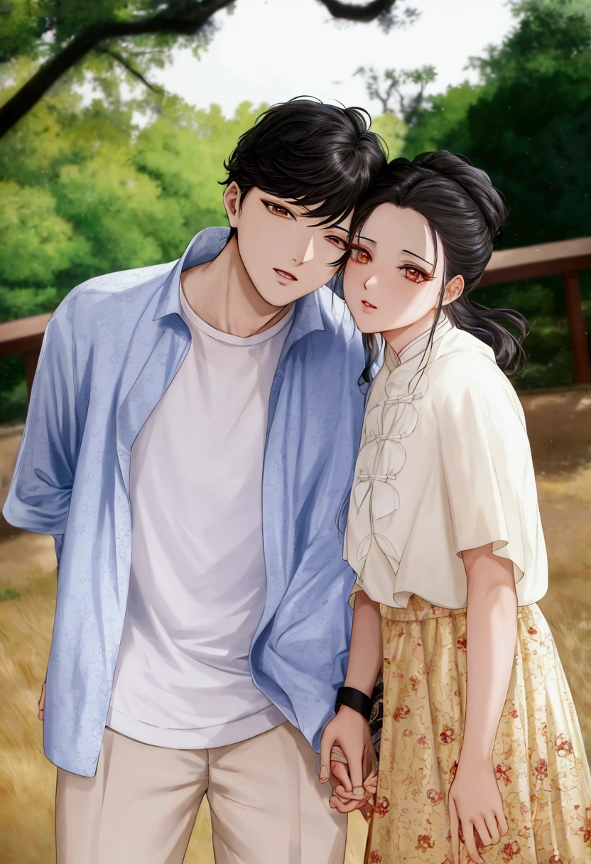 manga style, there are two people standing next to each other in a park, lovely couple, yanjun chengt, promo still, ruan jia and fenghua zhong, jia, jinyoung shin, high quality film still, promotional still, promotional movie still, ruan jia and brom, sha xi, cai xukun, inspired by Zhang Han, couple pose, yan