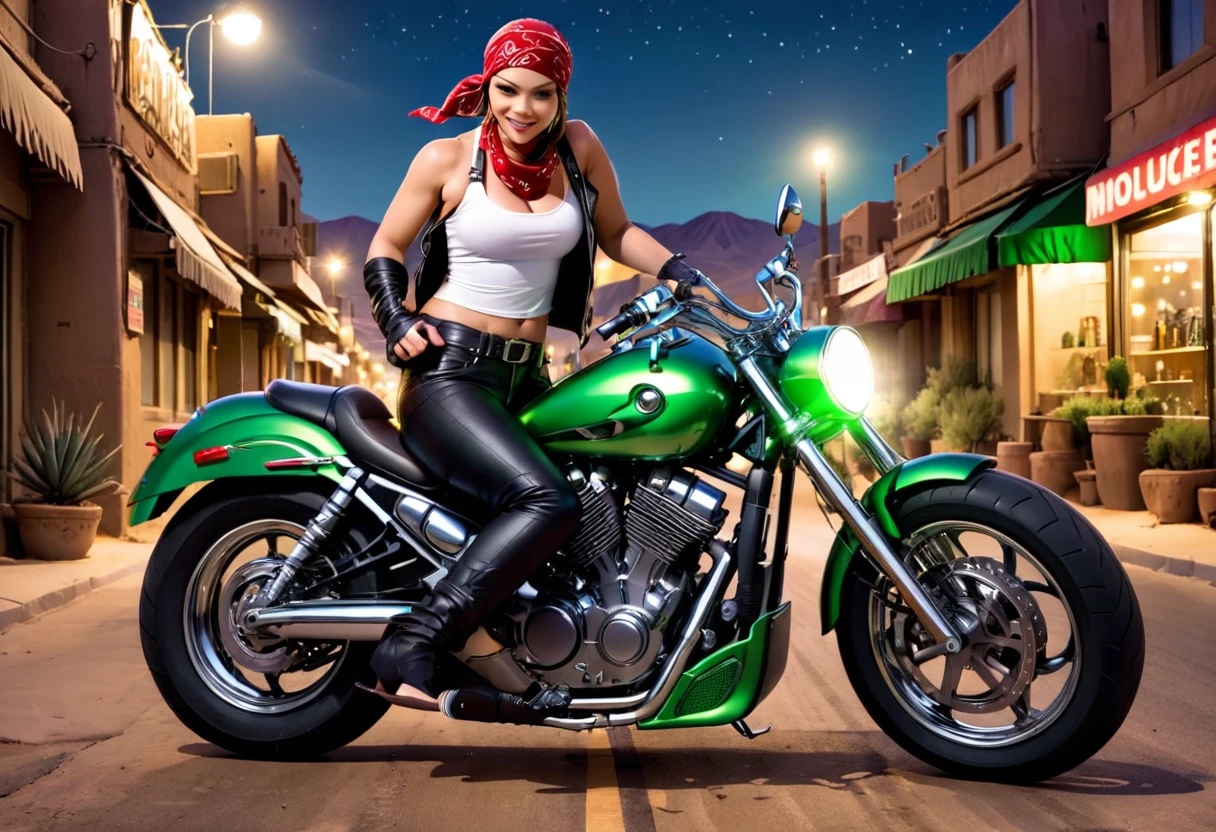 Incredible Hulk, dressed up like a leather clad biker, Leather Jacket, Bandana, white tank top, leather pants, riding a huge green chrome motorcycle, Desert at night
