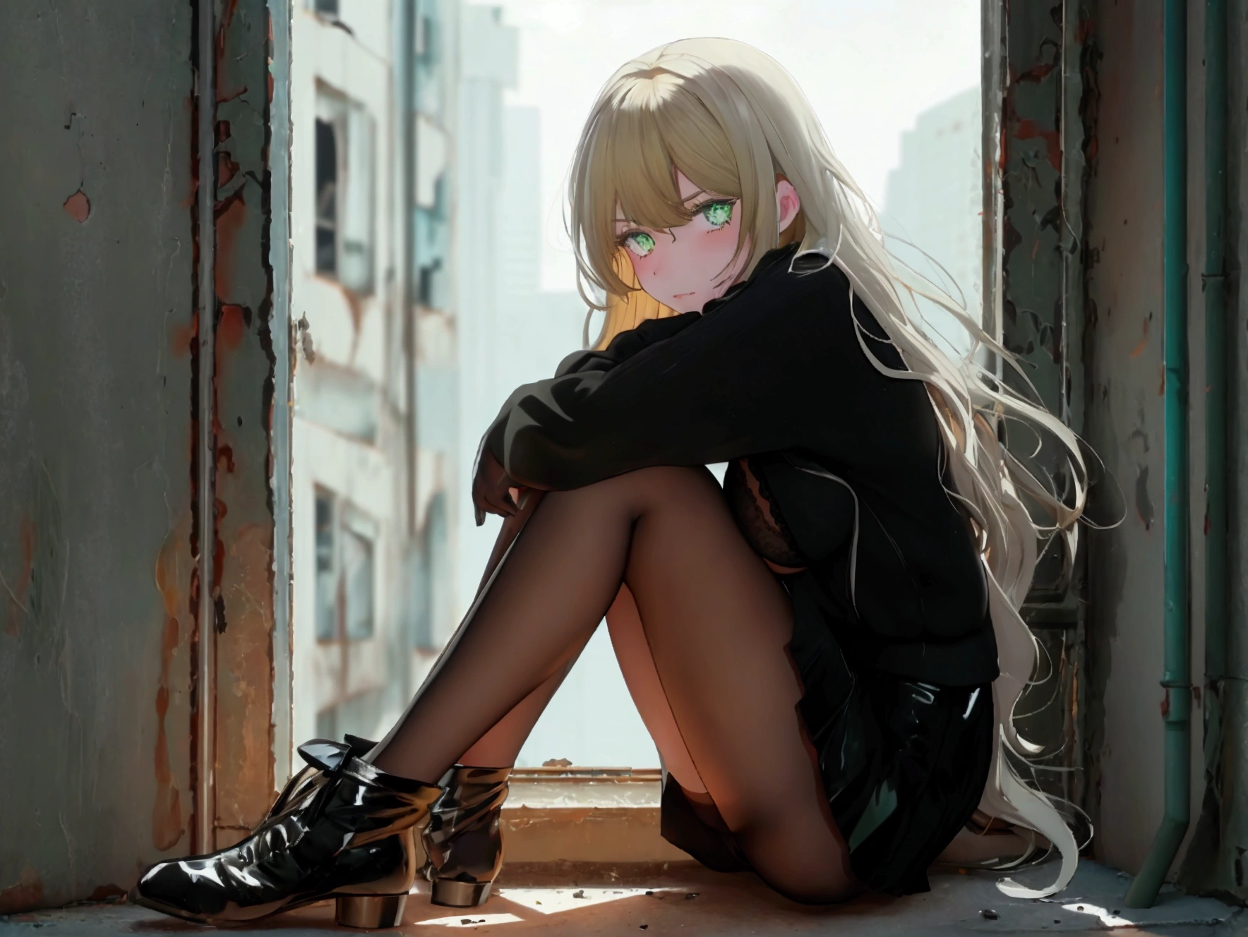 White girl with green eyes and dark blonde hair wears a black sweater with a black bra, a black microskirt and long transparent stockings without shoes long wavy hair, She looks out of a bunker window while hugging her legs sitting abandoned post-apocalyptic (detailed girl) (8k) (High Definition) (high quality)