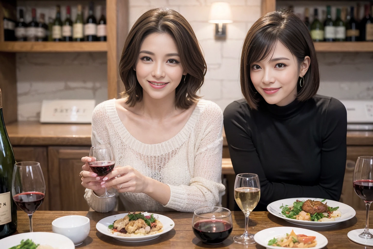 （Realistic:1.1）,(masterpiece,Highest quality)，8k,(49 years old), 53 years old, ベリーslimボディ、slimカップル、Tight waist,Upper Body,full-course dinner、wine 、Amazing view of the sunset sky and clouds、Perfect Anatomy, Brown Hair, short hair,Random Hairstyles,((Highly detailed face and eyes:1.2))，Perfect golden ratio face，Long sleeve shirt、dress,(smile:1.2)、Shortcuts、cute、(Realistic, Intricate details:1.2), A bright smile、short hair,Bright Face、赤wine 、Appetizers、Italian food、wine bottle、Champagne、スパークリングwine、(slimな顔), (The body is slim), (Brown Hair), (Shortcuts),  Upper Body, 白wine, slim, wineグラス, 