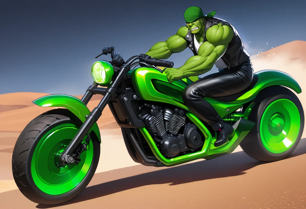 Incredible Hulk, dressed up like a leather clad biker, Leather Jacket, Bandana, white tank top, leather pants, riding a huge green chrome motorcycle, Desert at night
