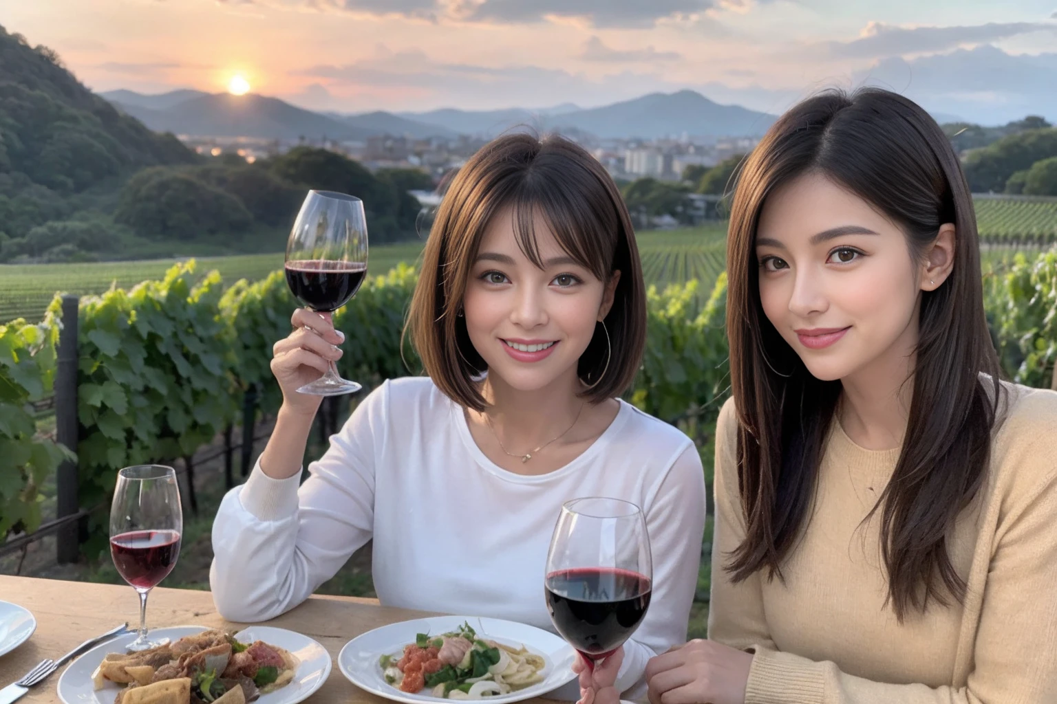 (Realistic:1.1),(masterpiece,Highest quality),8k,(49 years old), 53 years old, ベリーslimボディ、slimカップル、Tight waist,Upper Body,full-course dinner、wine 、Amazing view of the sunset sky and clouds、Perfect Anatomy, Brown Hair, short hair,Random Hairstyles,((Highly detailed face and eyes:1.2)),Perfect golden ratio face,Long sleeve shirt、dress,(smile:1.2)、Shortcuts、cute、(Realistic, Intricate details:1.2), A bright smile、short hair,Bright Face、赤wine 、Appetizers、Italian food、wine bottle、Champagne、スパークリングwine、(slimな顔), (The body is slim), (Brown Hair), (Shortcuts), Upper Body, 白wine, slim, wineグラス,