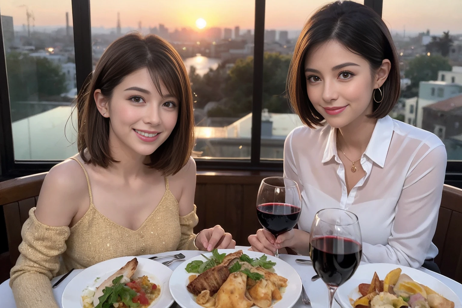(Realistic:1.1),(masterpiece,Highest quality),8k,(49 years old), 53 years old, ベリーslimボディ、slimカップル、Tight waist,Upper Body,full-course dinner、wine 、Amazing view of the sunset sky and clouds、Perfect Anatomy, Brown Hair, short hair,Random Hairstyles,((Highly detailed face and eyes:1.2)),Perfect golden ratio face,Long sleeve shirt、dress,(smile:1.2)、Shortcuts、cute、(Realistic, Intricate details:1.2), A bright smile、short hair,Bright Face、赤wine 、Appetizers、Italian food、wine bottle、Champagne、スパークリングwine、(slimな顔), (The body is slim), (Brown Hair), (Shortcuts), Upper Body, 白wine, slim, wineグラス,
