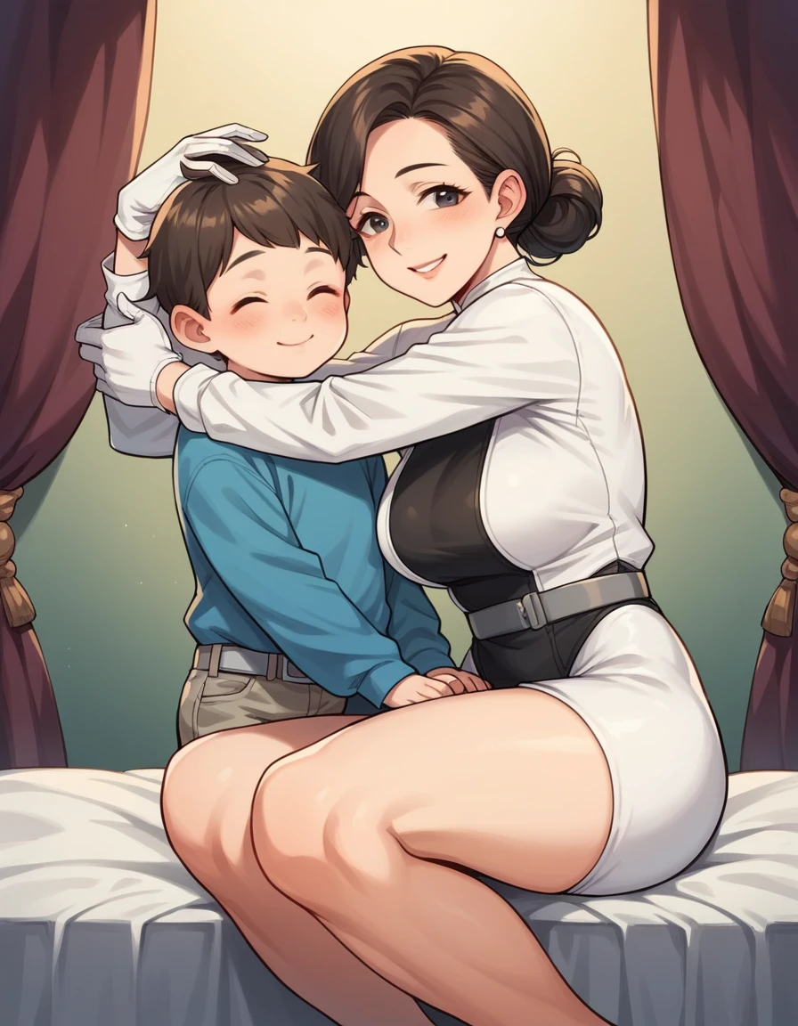 1 chico, 1 girl, mature woman, mother and son, child, hug, smile, hand on head, down on my knees, masterpiece, Best Quality, pwrgirl, layer, leotard blue, long sleeves, white gloves, Gray belt, medium breasts