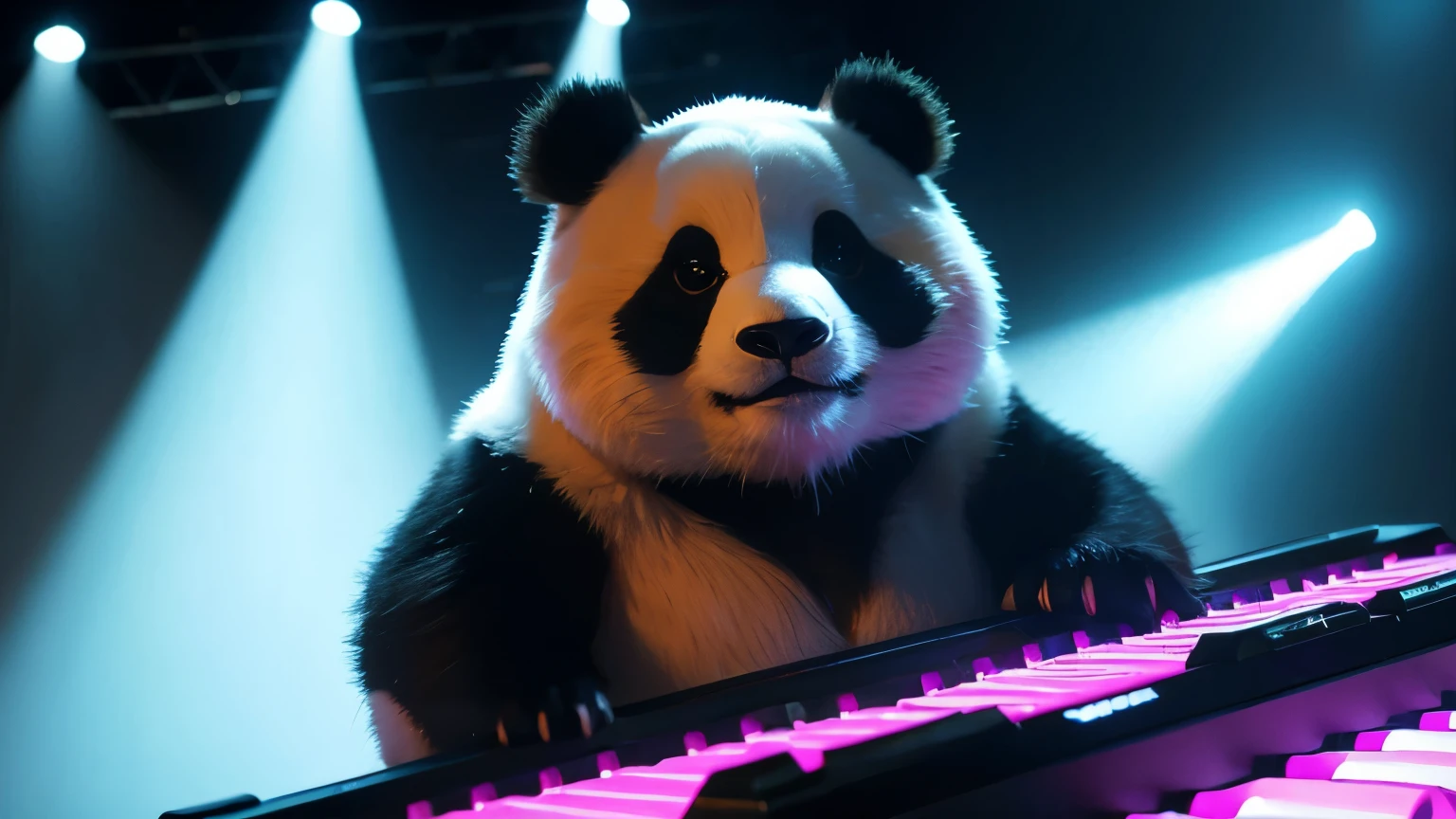 Panda playing keyboard under the lights