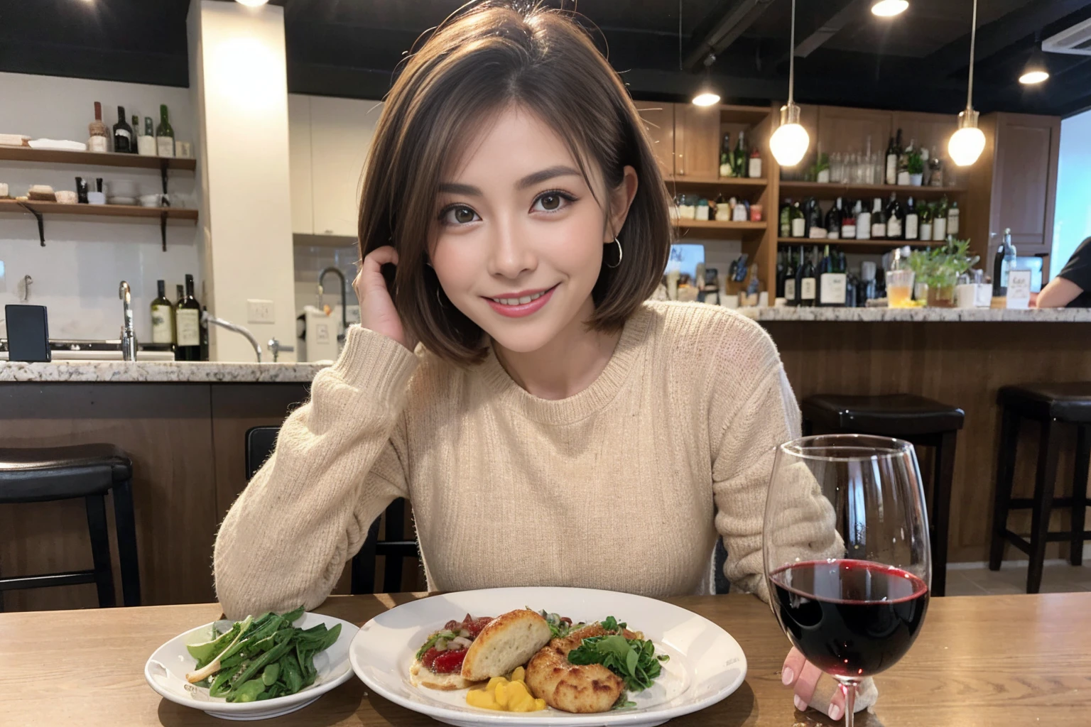(Realistic:1.1),(masterpiece,Highest quality),8k,(49 years old), 53 years old, ベリーslimボディ、slimカップル、Tight waist,Upper Body,full-course dinner、wine 、Amazing view of the sunset sky and clouds、Perfect Anatomy, Brown Hair, short hair,Random Hairstyles,((Highly detailed face and eyes:1.2)),Perfect golden ratio face,Long sleeve shirt、dress,(smile:1.2)、Shortcuts、cute、(Realistic, Intricate details:1.2), A bright smile、short hair,Bright Face、赤wine 、Appetizers、Italian food、wine bottle、Champagne、スパークリングwine、(slimな顔), (The body is slim), (Brown Hair), (Shortcuts), Upper Body, 白wine, slim, wineグラス,