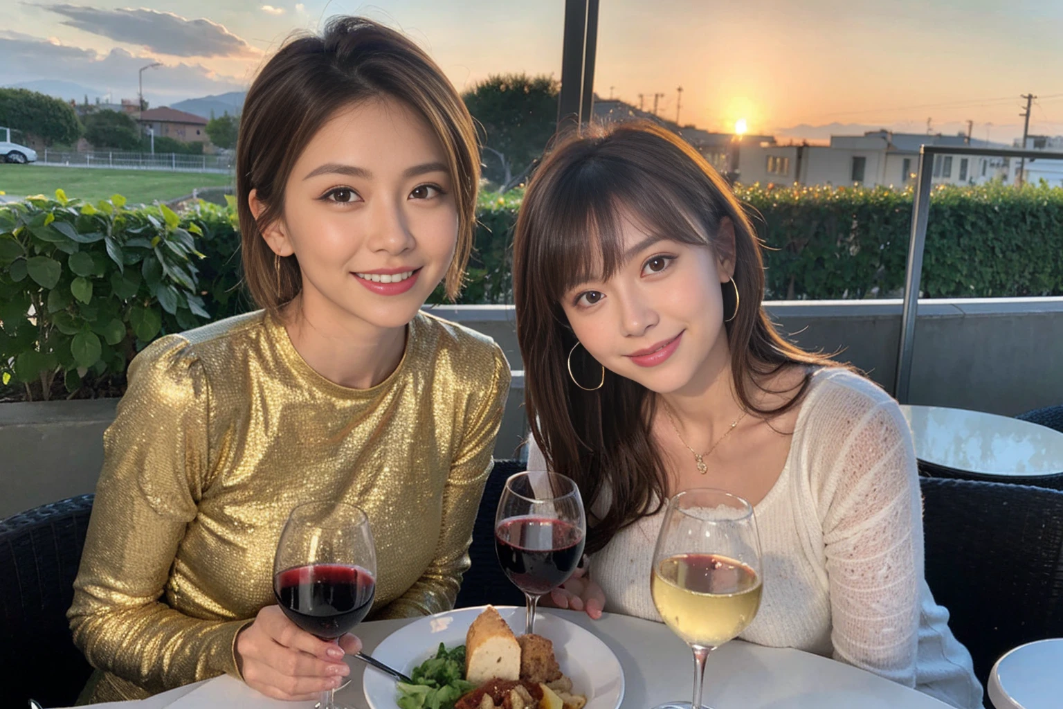 (Realistic:1.1),(masterpiece,Highest quality),8k,(49 years old), 53 years old, ベリーslimボディ、slimカップル、Tight waist,Upper Body,full-course dinner、wine 、Amazing view of the sunset sky and clouds、Perfect Anatomy, Brown Hair, short hair,Random Hairstyles,((Highly detailed face and eyes:1.2)),Perfect golden ratio face,Long sleeve shirt、dress,(smile:1.2)、Shortcuts、cute、(Realistic, Intricate details:1.2), A bright smile、short hair,Bright Face、赤wine 、Appetizers、Italian food、wine bottle、Champagne、スパークリングwine、(slimな顔), (The body is slim), (Brown Hair), (Shortcuts), Upper Body, 白wine, slim, wineグラス,