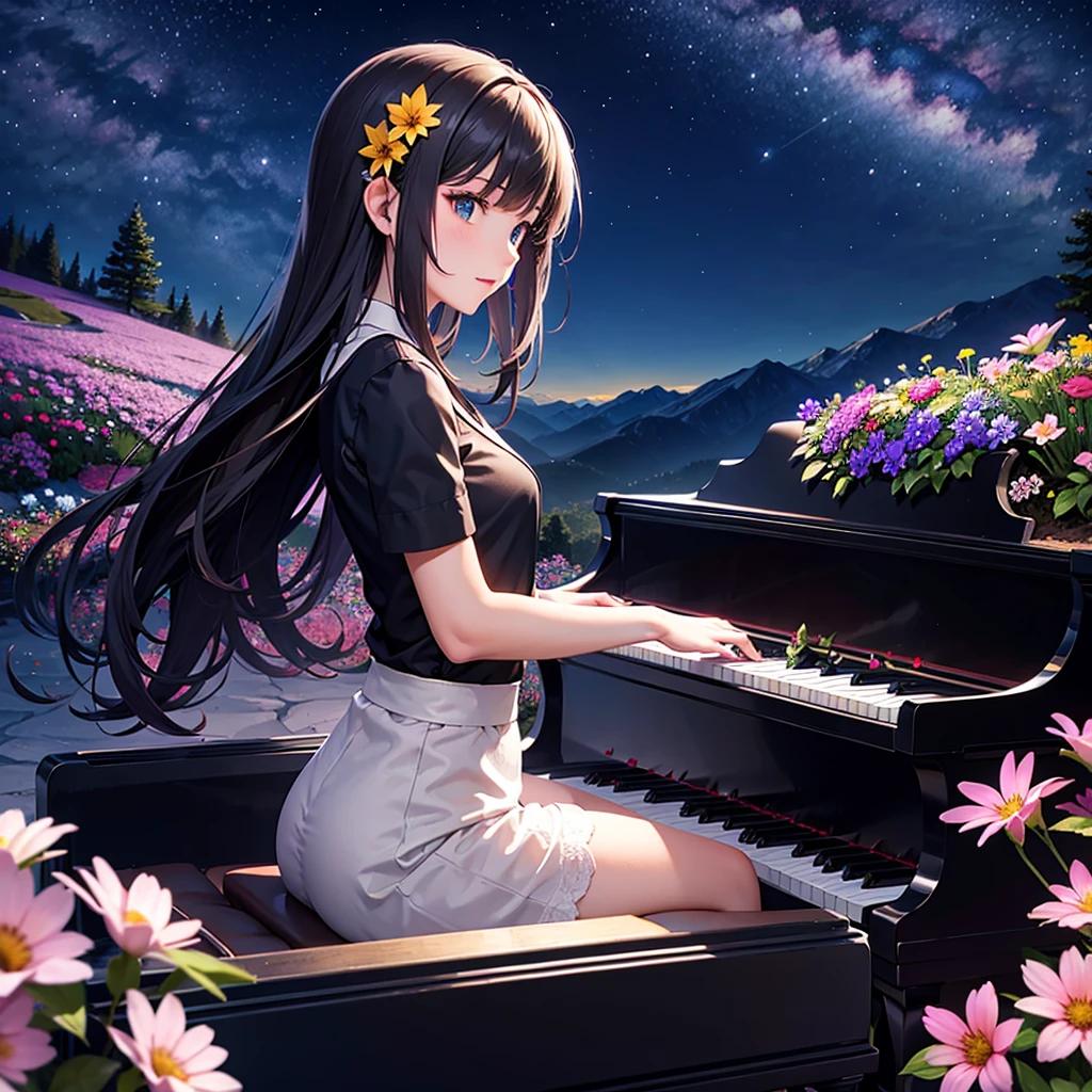 playing piano in a nocturne colorful mountain with flowers, HD