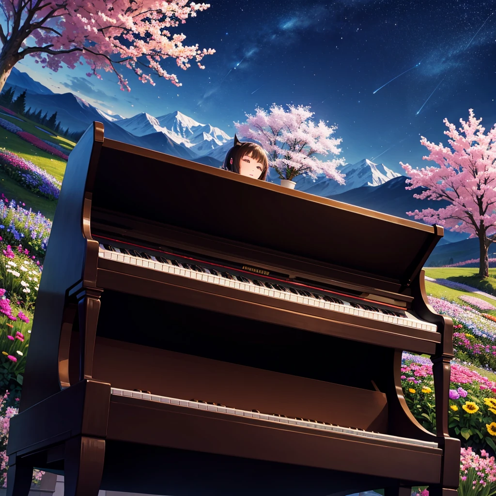 playing piano in a nocturne colorful mountain with flowers, HD