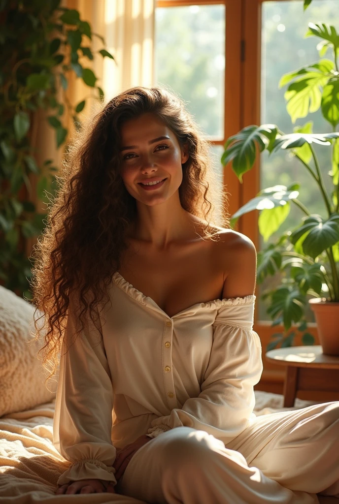 (photorealism:1.2), beautiful woman, sitting on bed, wearing loose off-shoulder top, pajama pants, long curly hair, indoors, soft lighting, plants in background, window with sunlight, cozy room, relaxed pose, realistic, intricate details, warm colors, by Greg Rutkowski, by Alphonse Mucha