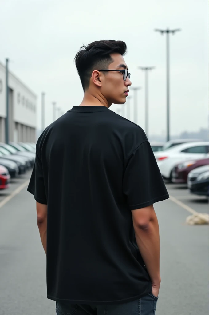 One handsome big asian man, with glasses, wearing oversized black t-shirt, the photo is taken from his back side. With outdoor parking lot as a background. Full body picture