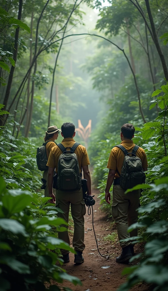 A team of researchers in the jungle, observing a tiger, modern day, dressed in fieldwork attire, using equipment to track the tiger, the dense jungle surrounding them, wide shot, hyper-realistic, photo realism, cinematography --ar 9:16.