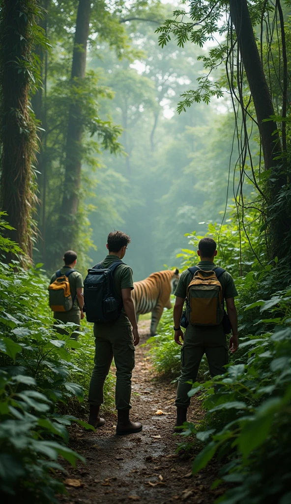 A team of researchers in the jungle, observing a tiger, modern day, dressed in fieldwork attire, using equipment to track the tiger, the dense jungle surrounding them, wide shot, hyper-realistic, photo realism, cinematography --ar 9:16.