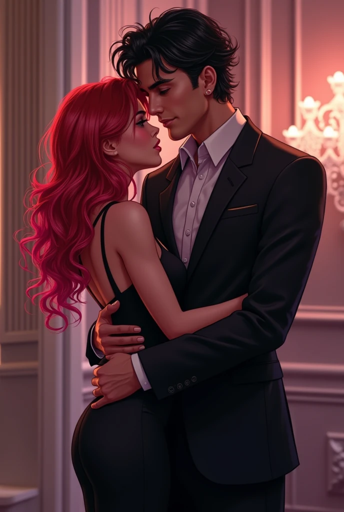 Young woman with curly red hair with pink highlights and black clothes and taller man with wavy black hair, in elegant formal clothes hugging the woman