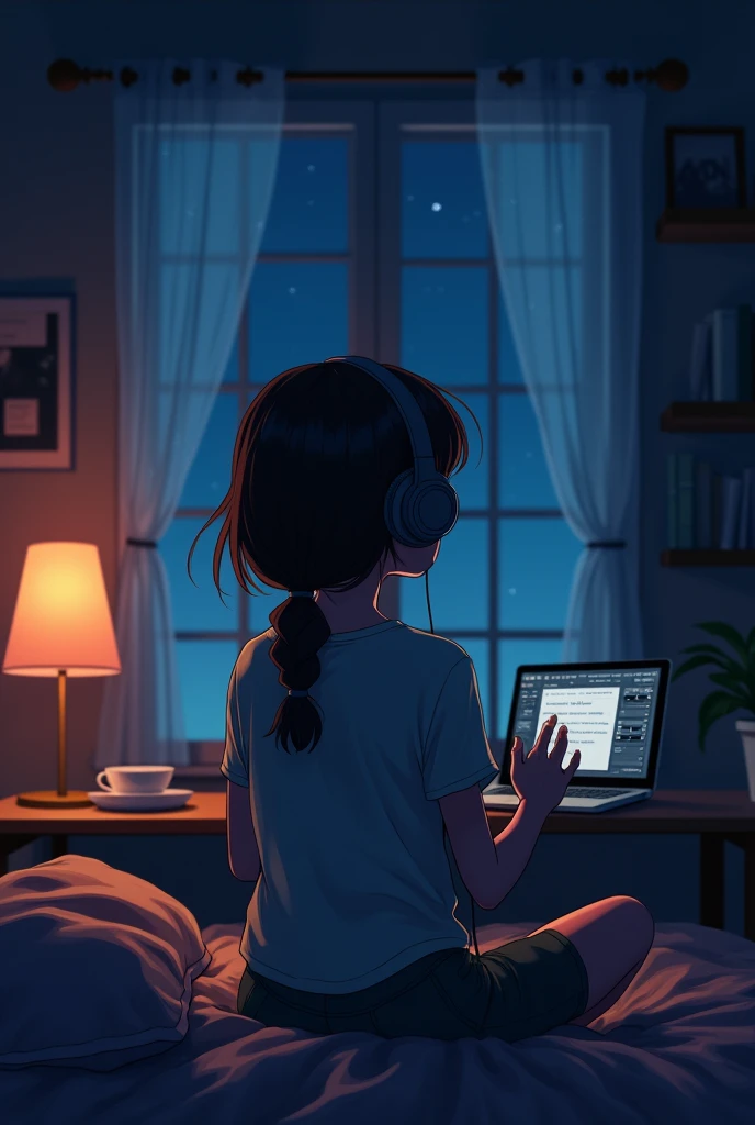 Girl listening to music in a cozy room at night, Using headphones, 2D style anime, Lo-fi, hard disk, Dark environment