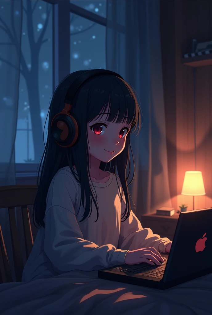 Girl listening to music in a cozy room at night, Using headphones, 2D style anime, Lo-fi, hard disk, Dark environment