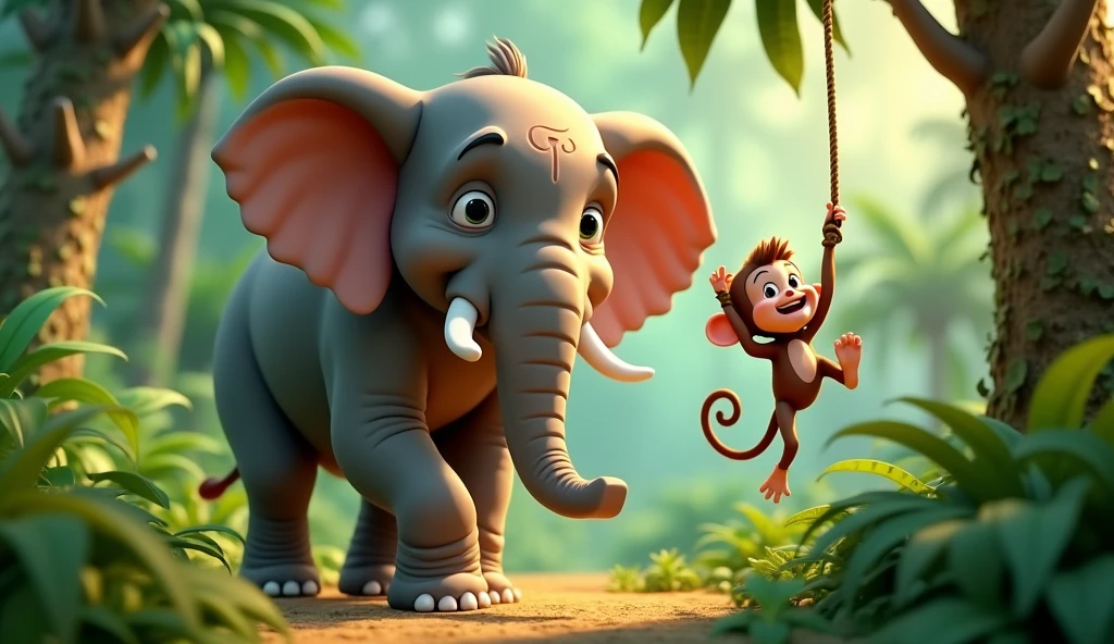 In cinematic 3D cartoon style. First Image: Show Ganesh, a large and calm elephant, walking peacefully through a dense, green jungle. Beside him is Bunty, a small, mischievous monkey, swinging from a tree branch with a playful grin, looking ready to cause some mischief.