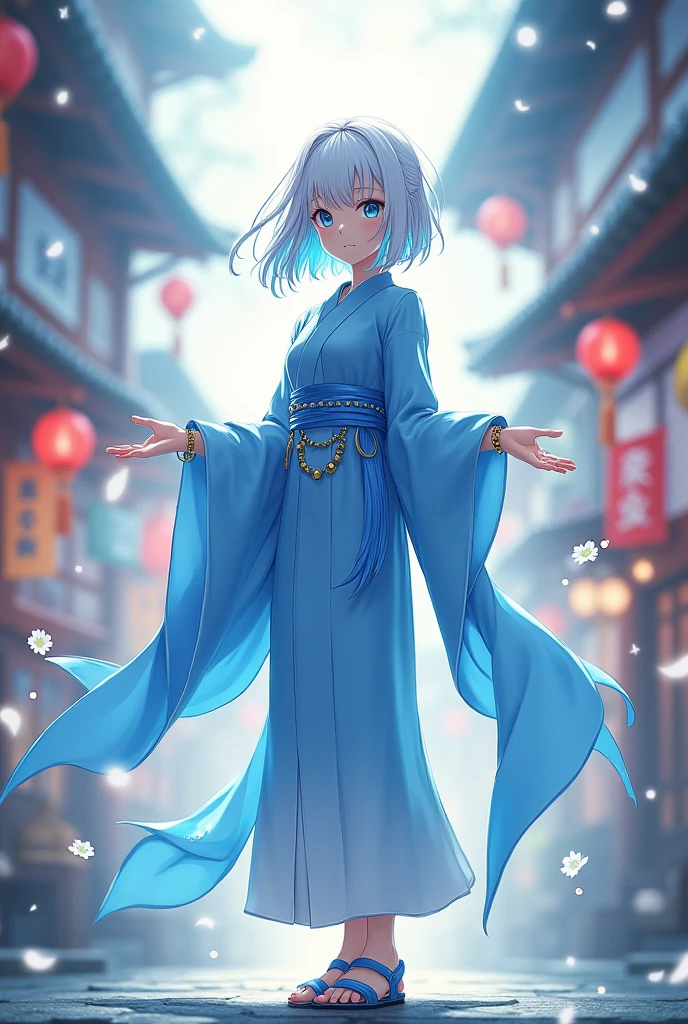 She has shoulder-length white hair with blue tips and is wearing a blue shrine maiden outfit. She has beautiful sky-blue eyes, a blue and light blue ribbon bracelet with bells, light blue sandals with straps, and Tanabata decorations in the background. No chest.