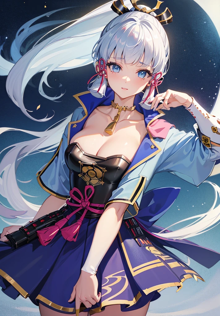 ((masterpiece)),(bestquality),((ultra-detailed)), ((beautiful detailed sky)), ((cinematic lighting)), depth of field, (dynamic angle),detailed lighting,((beautiful detailed eyes)), (night sky view), red lip, eyeshadow,large , cleavaaring tiny dress, off shoulders, bare hips)), ((kamisatoayakadef))