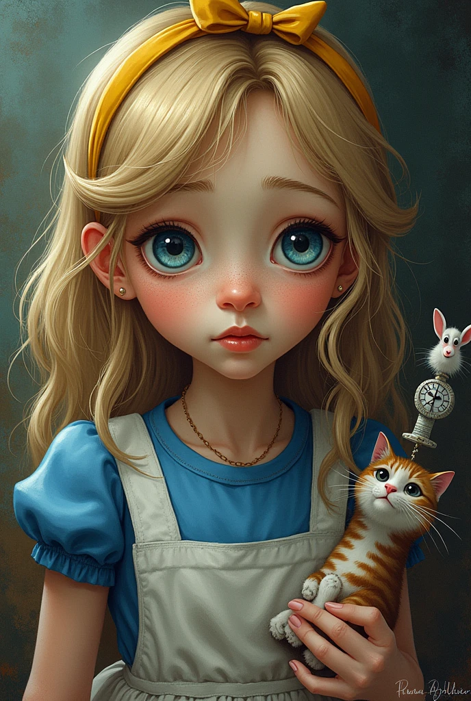 Draw a full-body portrait of Alice and all the characters in Alice in Wonderland to capture a moment of deep contemplation. Her expression should be a mixture of curiosity and a hint of unease, as if she is deeply questioning reality and her place in it. Her large eyes should be wide open, reflecting the surreal world around her. A smiling Cheshire cat, a clock, a playing card guard, inside the kingdom of Wonderland, etc. The lighting should be soft yet dramatic, casting gentle shadows that emphasise the depth of her thoughts. Her hair is slightly dishevelled, as if she has been on a long journey, and the iconic yellow headband is slightly slanted, adding to the sense that she is pensive. The colour palette is a mix of soft pastels and dark, introspective tones, creating a balance between innocence and the complexity of her thoughts.