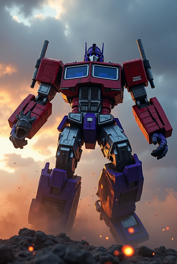 .T-rexBig head on right hand. Purple robot. muscle robot. Full armour hulk buster. . iron man. Superman. Ultraman Red white armor. Mediva concept. Samurai Optimus Prime, robot warrior, leaping against dark cloudy sky, intense battle background, dynamic explosion effects, cinematic lighting, highly detailed, 8K, (best quality,4k,8k,highres,masterpiece:1.2),ultra-detailed,(realistic,photorealistic,photo-realistic:1.37),epic action scene,dramatic pose,intricate mechanical design,glowing energy,sparks,dust,devastation,cinematic angle,dramatic lighting