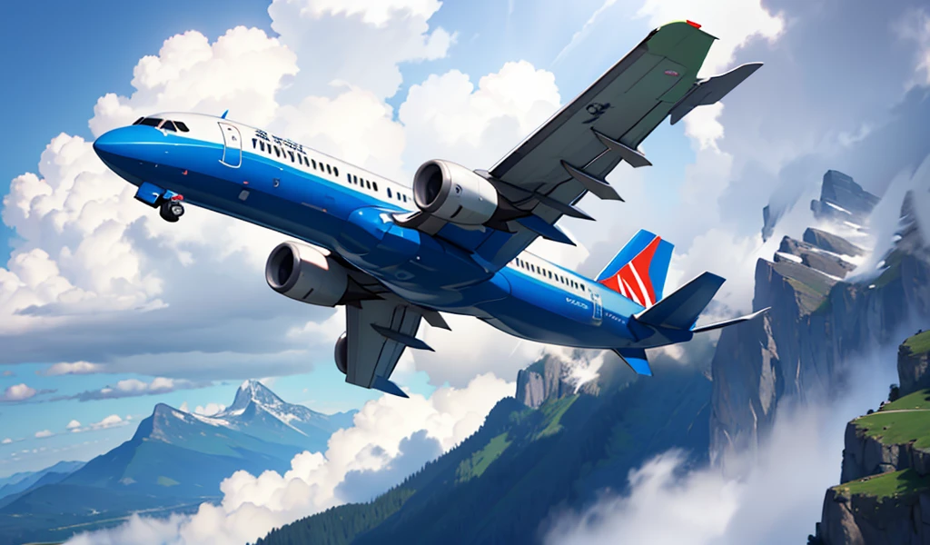 Create an image of a large commercial aircraft at high altitude. The aircraft should be a hybrid design combining elements of an Airbus A320 and a Boeing 737. The plane should be depicted flying above the clouds, showcasing a sleek and modern appearance with features from both aircraft models, such as the A320's winglets and the 737's fuselage shape.