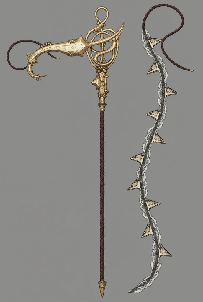 A combination weapon that has a stylized treble clef at the base of a long, flexible whip.. The treble clef acts as the handle and the initial section of the blade, while the remaining part of the whip extends in a chain of multiple connected segments. Each segment has musical engravings or decorative motifs, and the whip ends in a series of small sharp points.