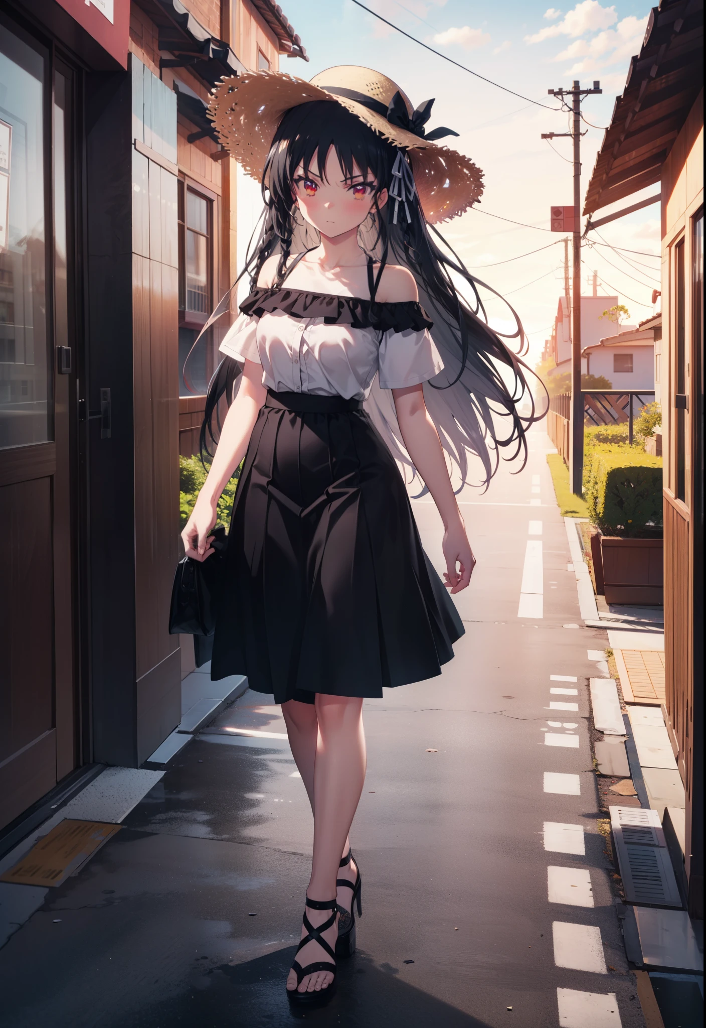Suzune Horikita, suzune horikita, Long Hair, Black Hair, (Red eyes:1.3), Hair Ribbon, Braiding,Straw hat,Cold Shoulder Shirt,Short sleeve,Long skirt,Cute heeled sandals,Walking,whole bodyがイラストに入るように,
break outdoors, Building district,
break looking at viewer, whole body,
break (masterpiece:1.2), Highest quality, High resolution, unity 8k wallpaper, (figure:0.8), (Beautiful attention to detail:1.6), Highly detailed face, Perfect lighting, Highly detailed CG, (Perfect hands, Perfect Anatomy),