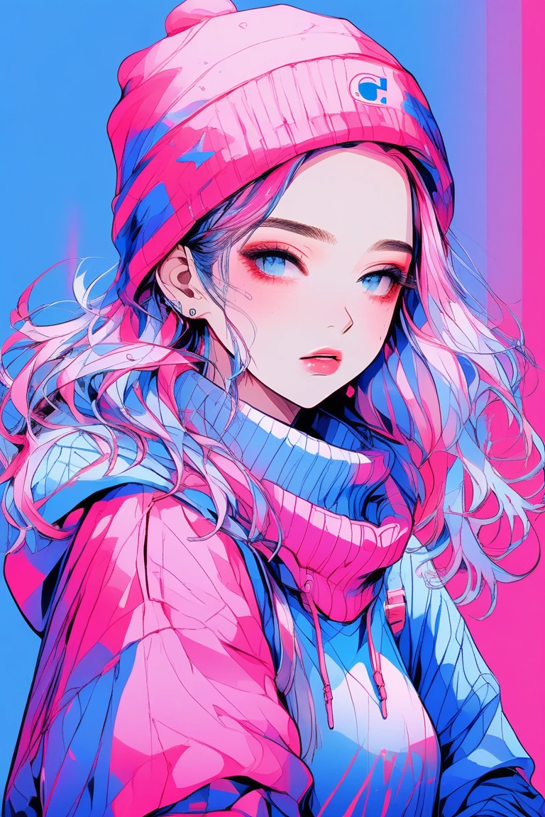 (Highest quality:0.8), (Highest quality:0.8), Perfect illustration((masterpiece, Highest quality)), Illustrator, anime , Realistic ,sketch , 1 girl, ,lip, sweater,order, Blue gradient background, Neon Hair,Texture Trim, Canadian, (masterpiece,Highest quality) cancer