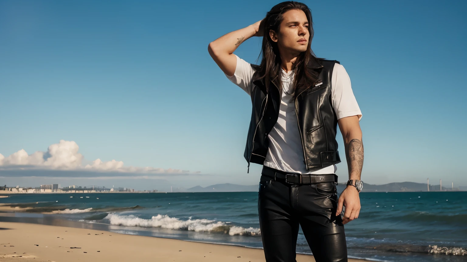 full body of man standing with long hair , black skinny pants , polo pole, black leather vest and black boots looking at the horizon