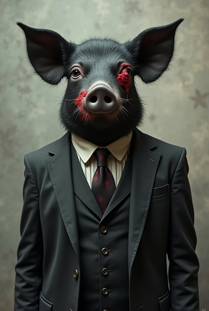 Black pig in formal clothes crying with one eye hit and bleeding from the mouth