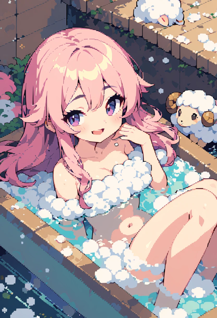 masterpiece, Highest quality, 8k, Pixel art, Pixel art, Vivid, Sheep, woman, 若いwoman, smile, cute, Directed at an angle, Open your mouth, Fluffy hair, Long Hair, Hair like sheep's hair, Pink Hair, eyebrow, 太いeyebrow, bath, Bubble bath, Legs out of the bath