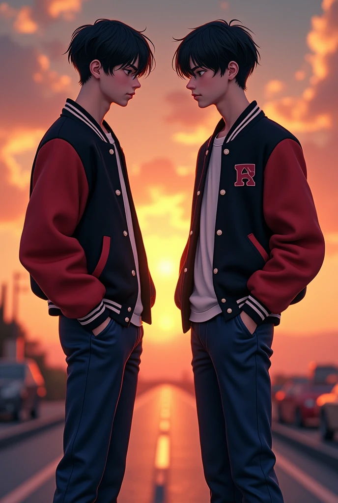 The cover of a book.
Two teenage boys, dressed in dark blue suit-type trousers.
A black varsity jacket with red sleeves facing each other with serious expressions. The lines of the jacket are white except for the pockets..
Both with black hair.
One of the boys is a little shorter than the other.
In the background a sunset.
realistic textures
