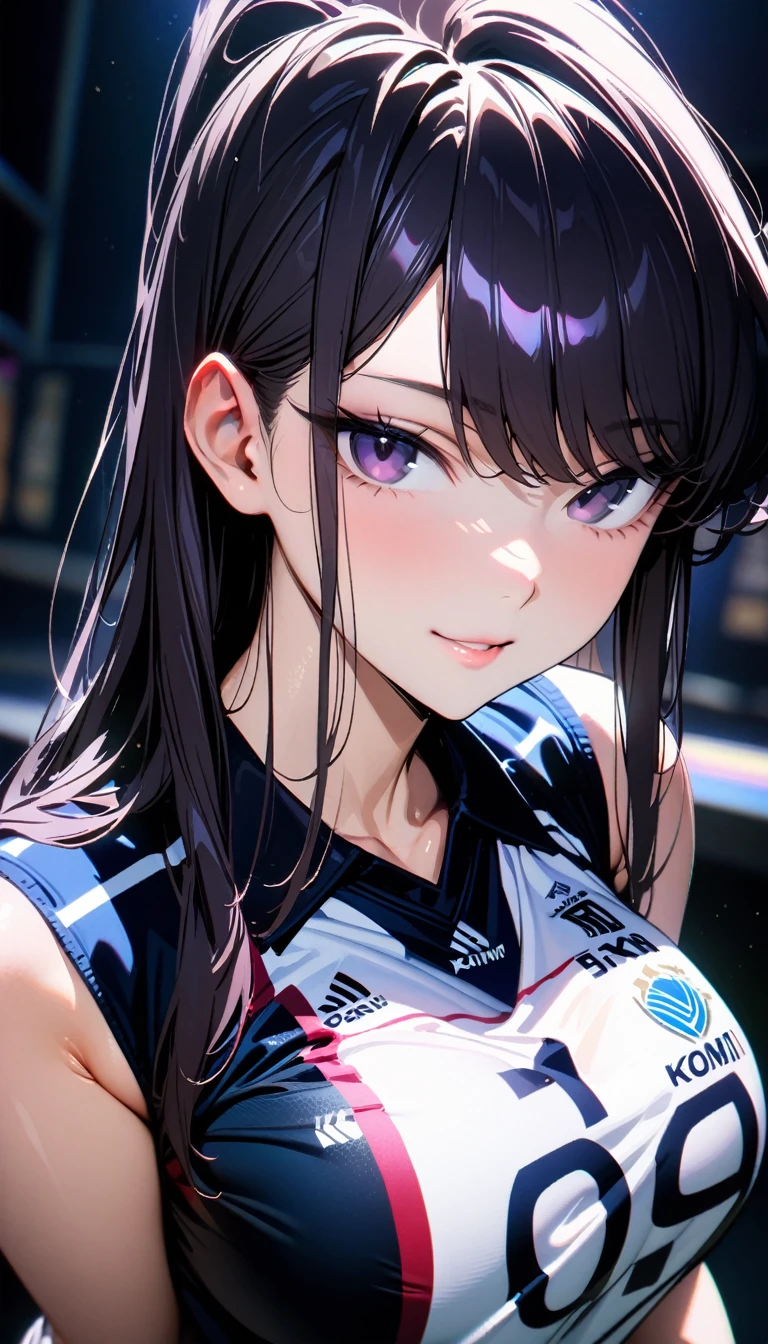 (8k, masterpiece), high resolution, high quality (best quality), very detailed, komi shouko, looking at you, seductive look, sexy smile, volleyball uniform, looking at you, with a seductive look and smile, spectacular dynamic lighting, beautiful eyes, delicate face, detailed skin, detailed breasts, Eyes,Beautiful eyes