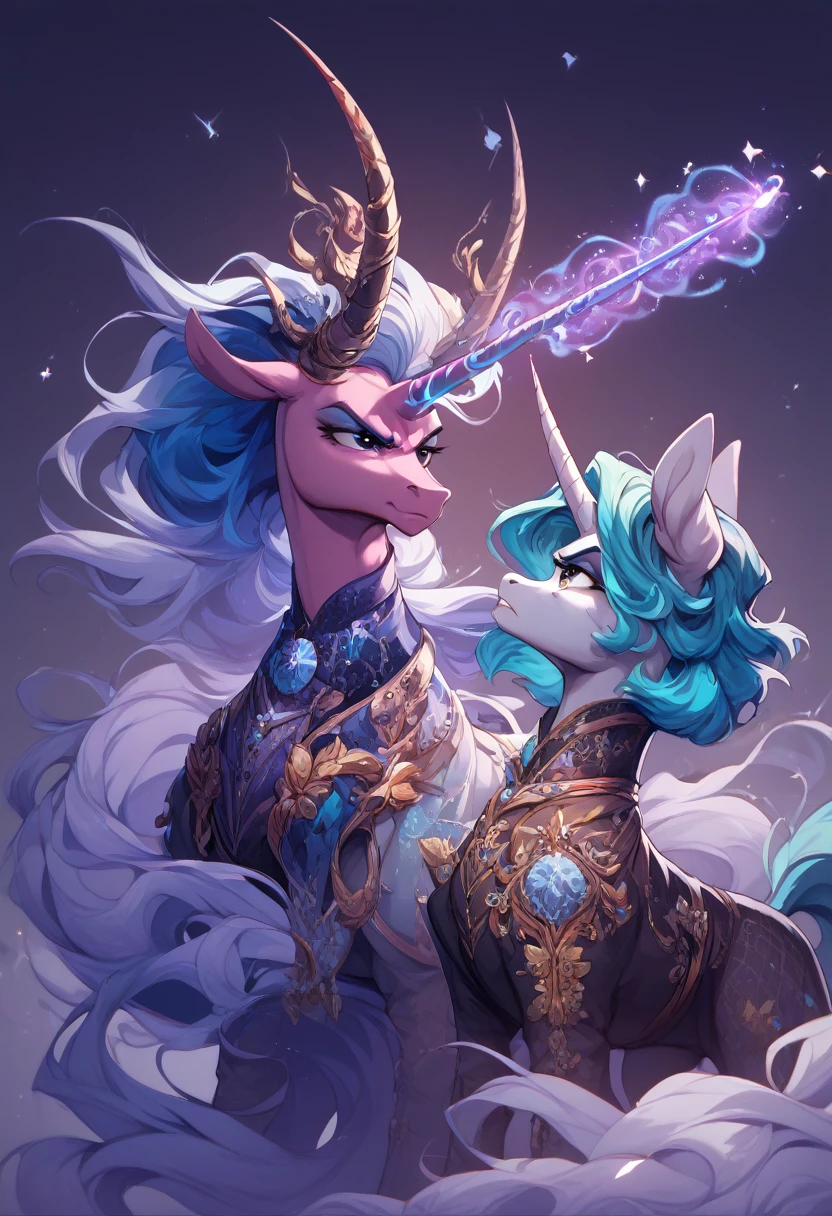 Pony Unicorn,Two ponies fighting. It's dark. curved horn, unusual magical traces. Beautiful clothes. Serious face. Elongated body. Any distinction. Magic. Mixing colors. Accessories are new.