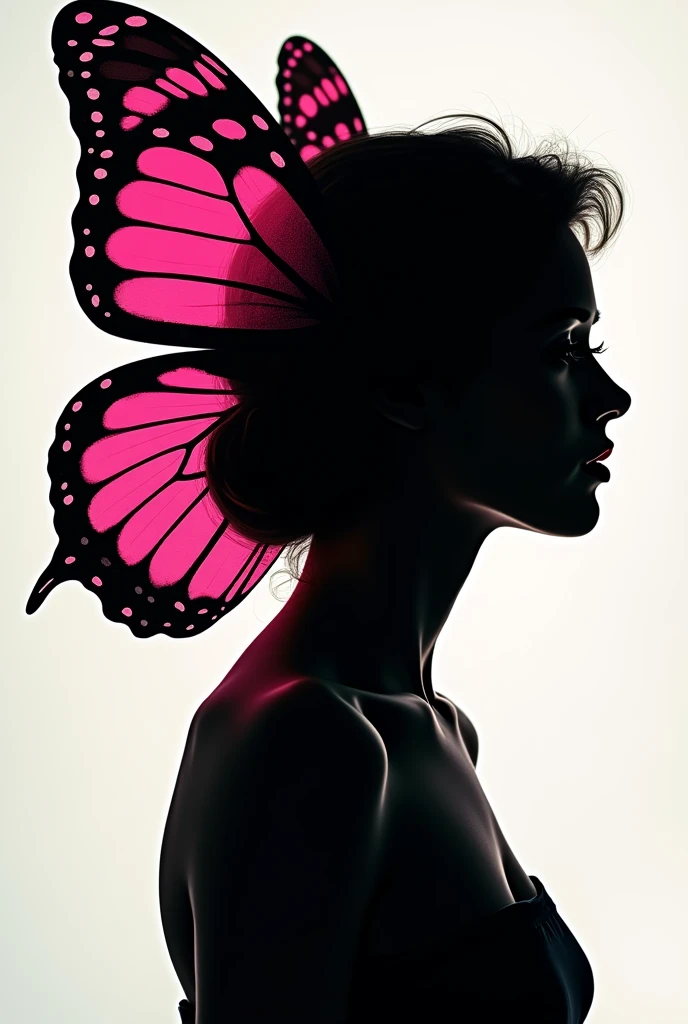 A silhouette drawing of a woman in profile, In the black color, with butterfly wing in pink color, in back