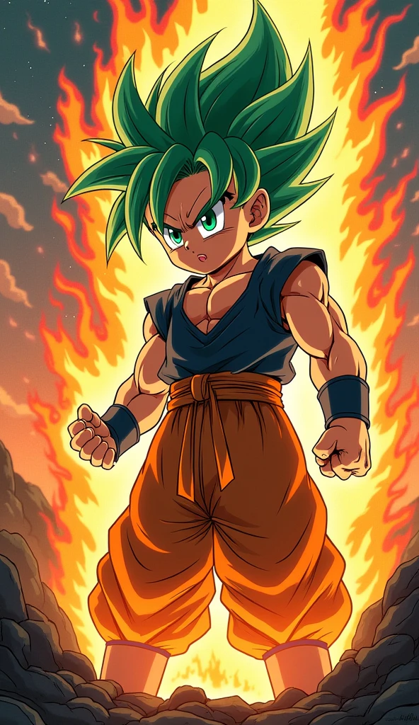 "Ready for a visual feast, Goten has a handsome face and captivating eyes, bright green hair and tattoos, harmonious paintings and beautiful scenes, along with a perfect figure. In his transformed state, he exudes incredibly strong power, creating a legendary animated film about this energetic man. The flames and dark rocks in this spectacular animated work will leave you amazed. This artistic concept comes from the universe, and the comic-style 8k background will take you to a different space. Get ready to enjoy this digital animated artwork, showcasing exceptional creativity of style and power."