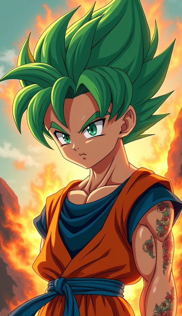 "Ready for a visual feast, Goten has a handsome face and captivating eyes, bright green hair and tattoos, harmonious paintings and beautiful scenes, along with a perfect figure. In his transformed state, he exudes incredibly strong power, creating a legendary animated film about this energetic man. The flames and dark rocks in this spectacular animated work will leave you amazed. This artistic concept comes from the universe, and the comic-style 8k background will take you to a different space. Get ready to enjoy this digital animated artwork, showcasing exceptional creativity of style and power."