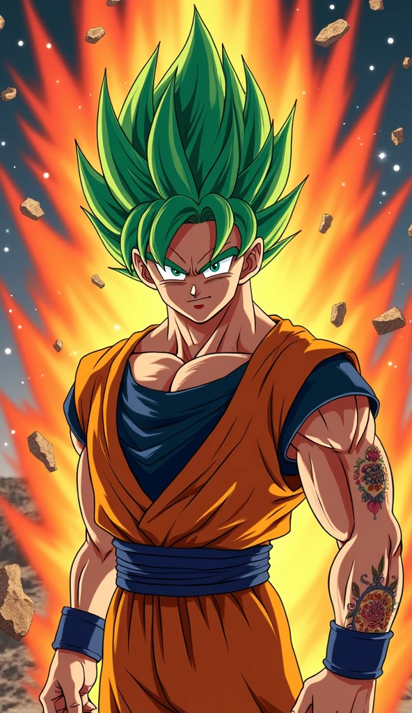 "Ready for a visual feast, Goten has a handsome face and captivating eyes, bright green hair and tattoos, harmonious paintings and beautiful scenes, along with a perfect figure. In his transformed state, he exudes incredibly strong power, creating a legendary animated film about this energetic man. The flames and dark rocks in this spectacular animated work will leave you amazed. This artistic concept comes from the universe, and the comic-style 8k background will take you to a different space. Get ready to enjoy this digital animated artwork, showcasing exceptional creativity of style and power."