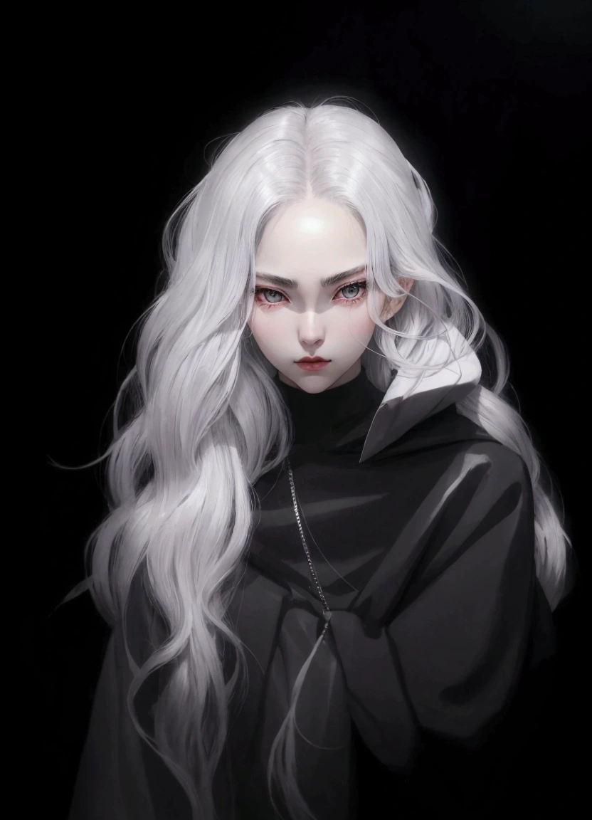 a close up of a person with a white shirt and silver hair, an anime drawing inspired by Yanjun Cheng, trending on pixiv, digital art, delicate androgynous princess, beautiful girl in demon slayer art, beautiful androgynous princess, she has dark grey hairs, stunning anime face portrait, female anime style, artwork in the style of guweiz, Female, Small face, heart shaped lips, arched eyebrows, pure white skin, soft features, snub nose, heart shaped face, long eyelashes, soft hue of eyeshadow, thin chin, light gray eyes, Hooded eyes, sleepy eyes, dilated pupils, long Wavy hair, dark gray hair, strands of light gray highlights, Resting bitch face, looking like a fairy
Age: 22