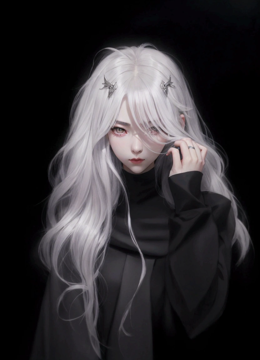 a close up of a person with a white shirt and silver hair, an anime drawing inspired by Yanjun Cheng, trending on pixiv, digital art, delicate androgynous princess, beautiful girl in demon slayer art, beautiful androgynous princess, she has dark grey hairs, stunning anime face portrait, female anime style, artwork in the style of guweiz, Female, Small face, heart shaped lips, arched eyebrows, pure white skin, soft features, snub nose, heart shaped face, long eyelashes, soft hue of eyeshadow, thin chin, light gray eyes, Hooded eyes, sleepy eyes, dilated pupils, long Wavy hair, dark gray hair, strands of light gray highlights, Resting bitch face, looking like a fairy
Age: 22